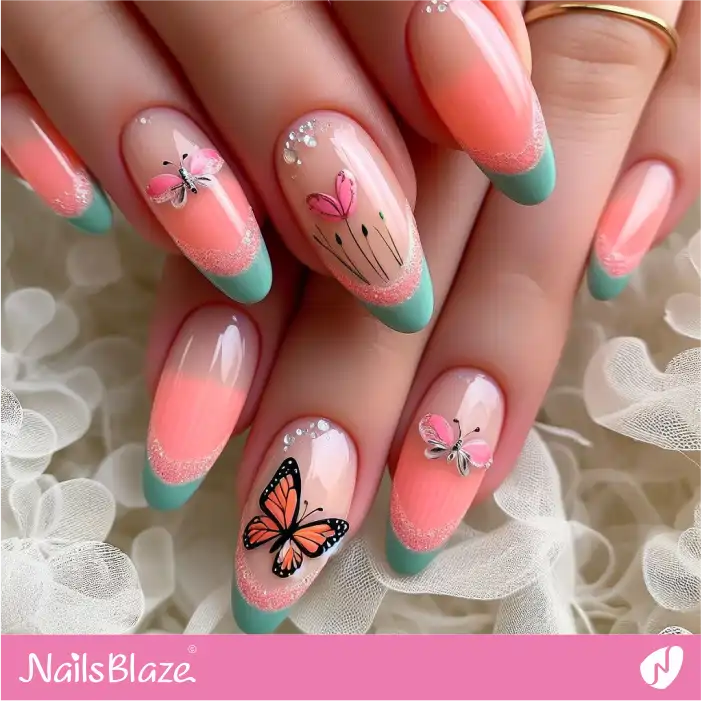 Double French Peach Fuzz and Blue Butterfly Nails | Color of the Year 2024 - NB1798